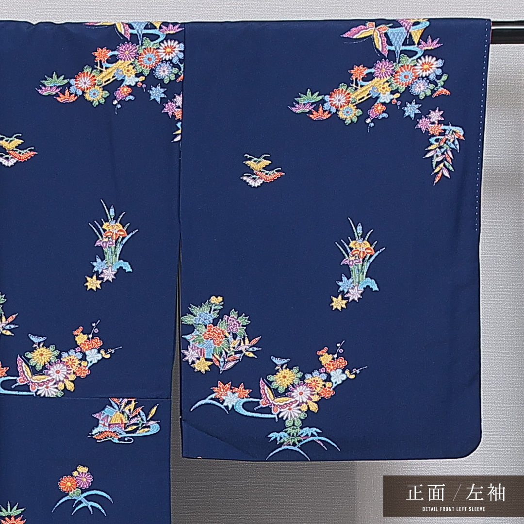 洗える着物 小紋 袷 身丈159cm 裄丈62cm ポリエステル Sランク インフォーマル 広衿 Mサイズ 茶屋辻 紺系 RP 1221-16089