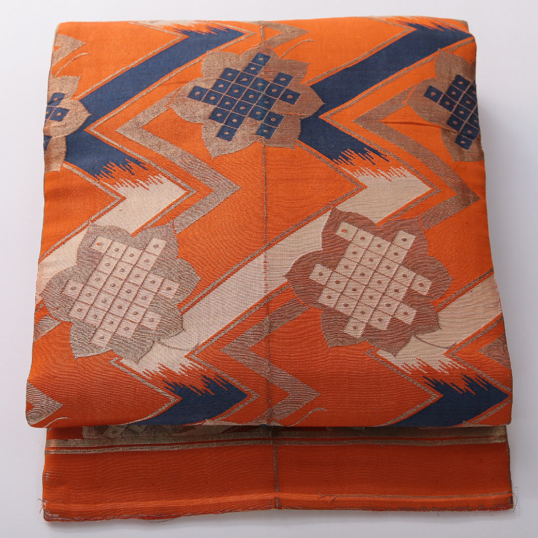 アンティーク 九寸名古屋帯 帯丈368cm 名古屋仕立て 全通 Bランク 正絹 創作柄 朱系 1224-03598