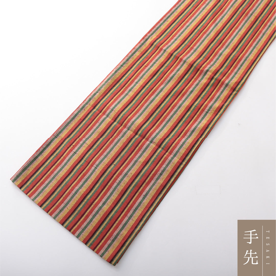 九寸名古屋帯 Sランク 帯丈416cm 木綿 洗える帯 全通 開き仕立て 帯芯なし 織り カジュアル 遠州綿紬 縞 多色系 RP 1245-03783
