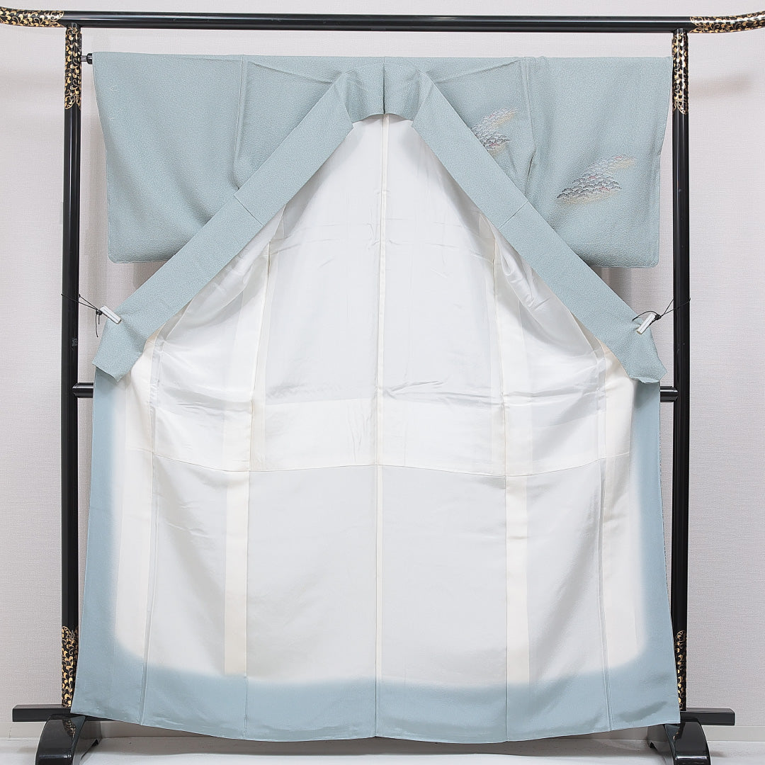 訪問着 袷 身丈164cm 裄丈66cm 正絹 Sランク Lサイズ 広衿 セミフォーマル 笠松 金彩 水色系 1212-16661