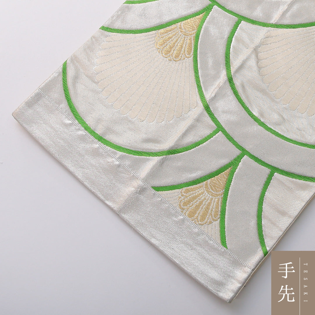 袋帯 帯丈426cm 正絹 六通 未仕立て 帯芯なし 青海波 菊 吉祥文様 銀系 1243-02008