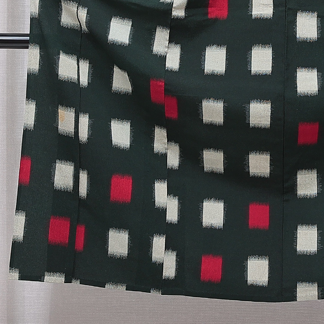 アンティーク お召 単衣 身丈149cm 裄丈61cm 正絹 Cランク XSサイズ バチ衿 肩当て 抽象柄 緑系 1265-15562