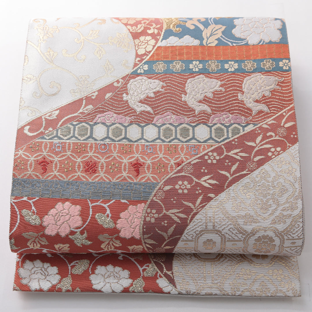 袋帯 帯丈436cm フォーマル 六通 Sランク 正絹 吉祥文様 グレー系 1223-02118