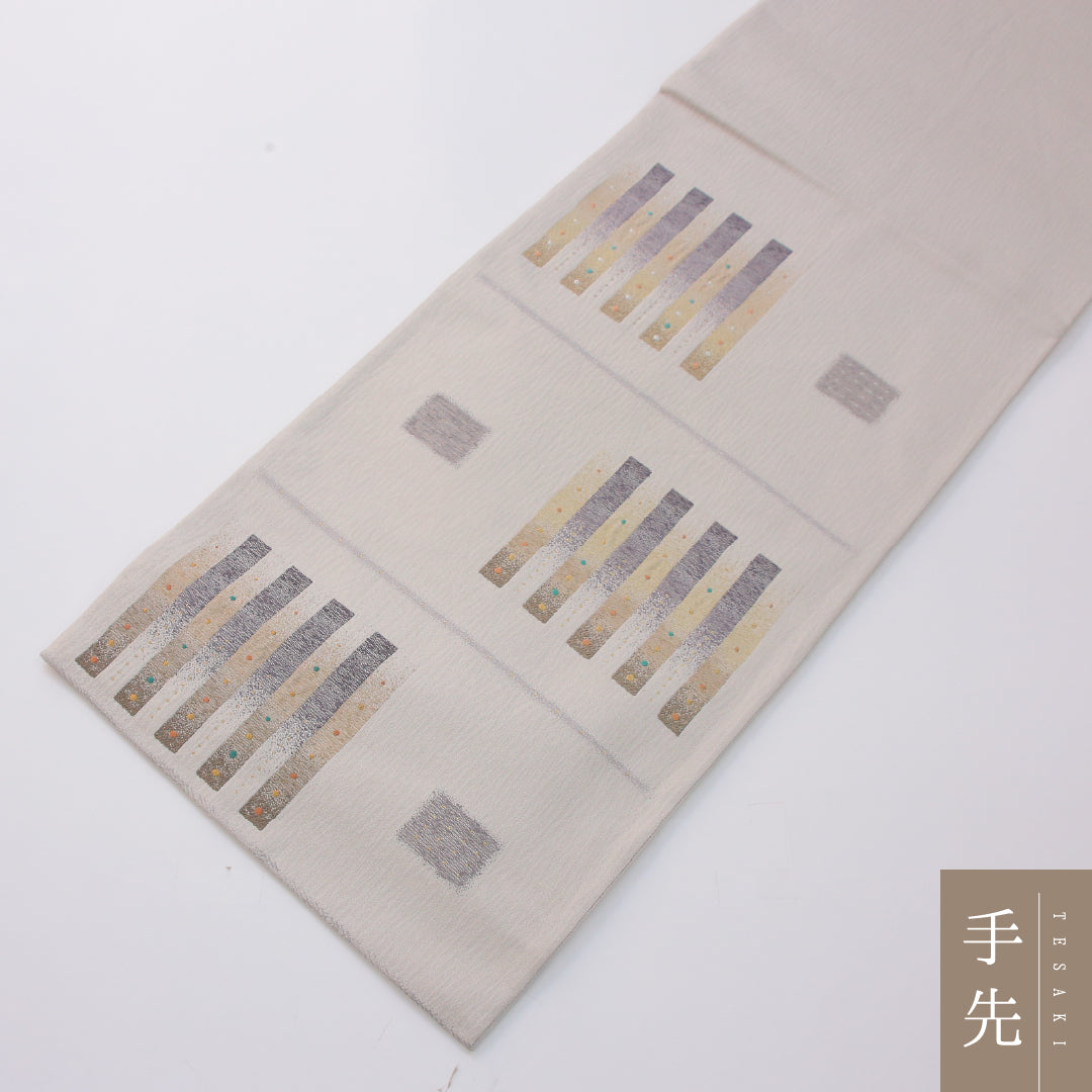 袋帯 帯丈456cm インフォーマル 六通 Aランク 正絹 創作柄 クリーム系 1223-02334