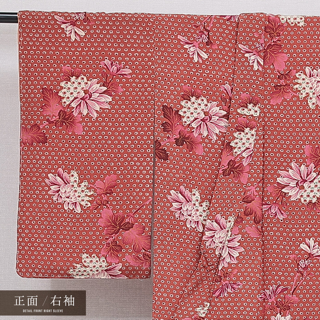 アンティーク 小紋 袷 身丈153cm 裄丈62cm 正絹 Aランク バチ衿 Sサイズ 菊 朱系 M4 1221-15965