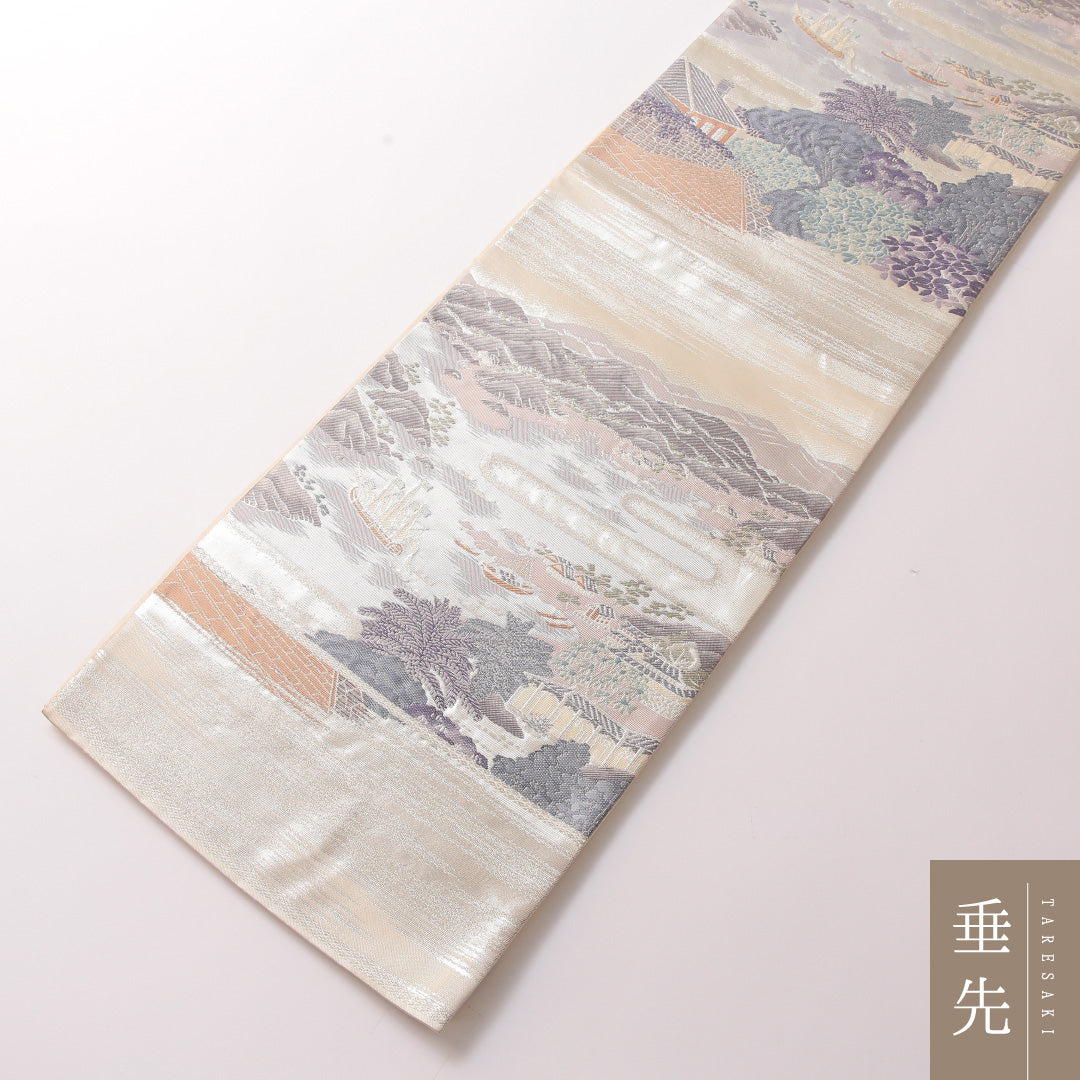 袋帯 帯丈428cm 正絹 六通 セミフォーマル 長崎 船 風景柄 白系 銀系 1243-01854