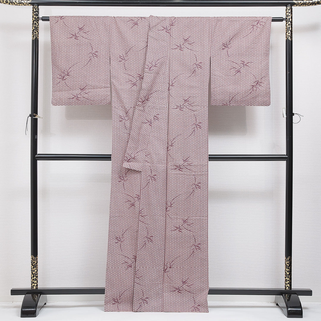 小紋 袷 身丈162cm 裄丈64cm 正絹 Sランク インフォーマル 広衿 Lサイズ 麻の葉 笹 赤系 RP 1221-16245