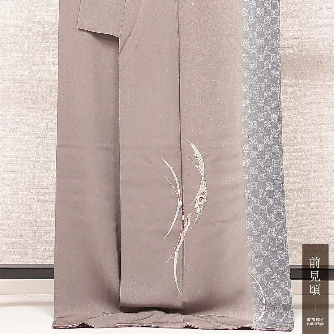 付下げ 袷 身丈174cm 裄丈68cm 正絹 Cランク 2XLサイズ 広衿 インフォーマル 市松 創作柄 グレー系 1261-16879