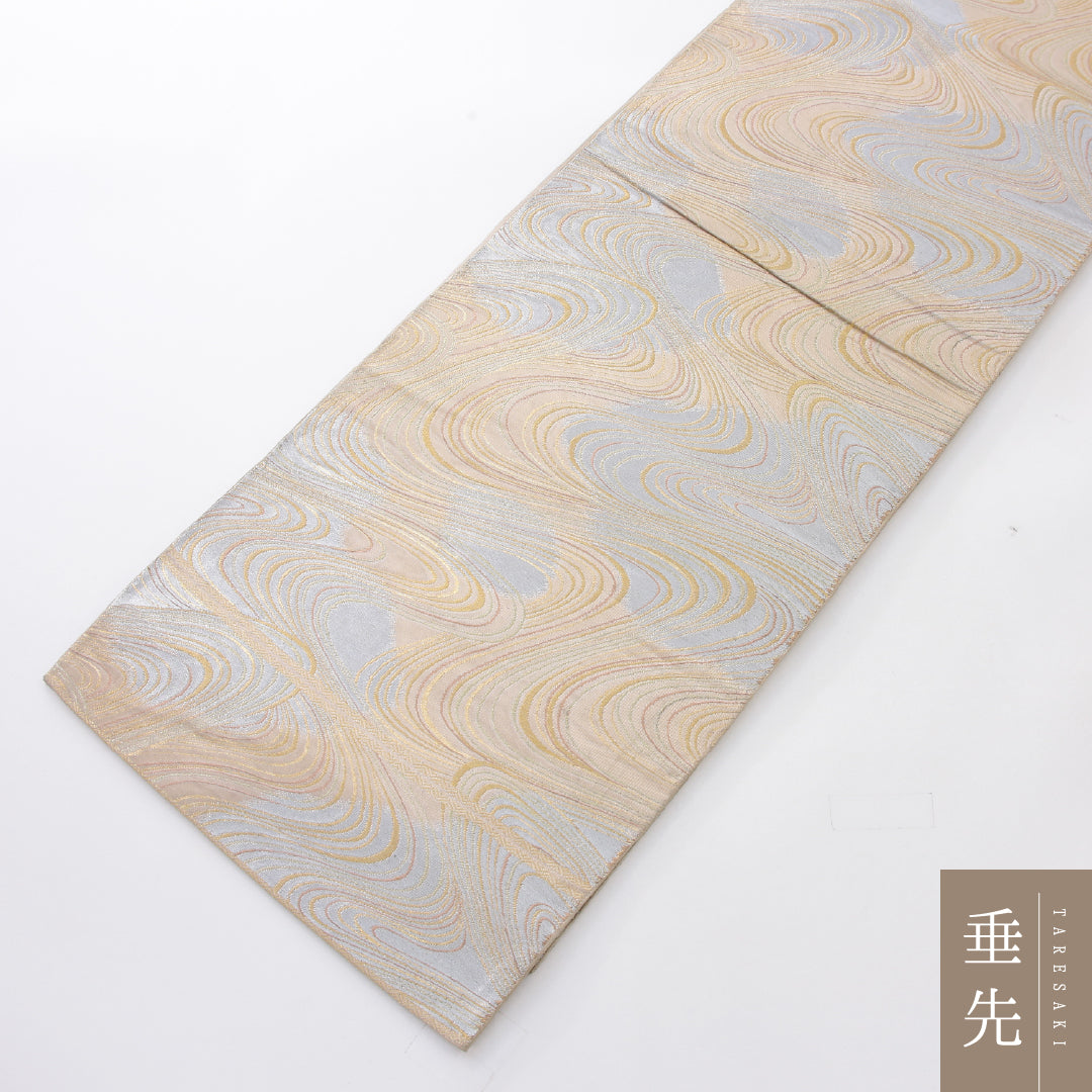 袋帯 帯丈412cm セミフォーマル 六通 Cランク 正絹 流水 ベージュ系 1223-02250