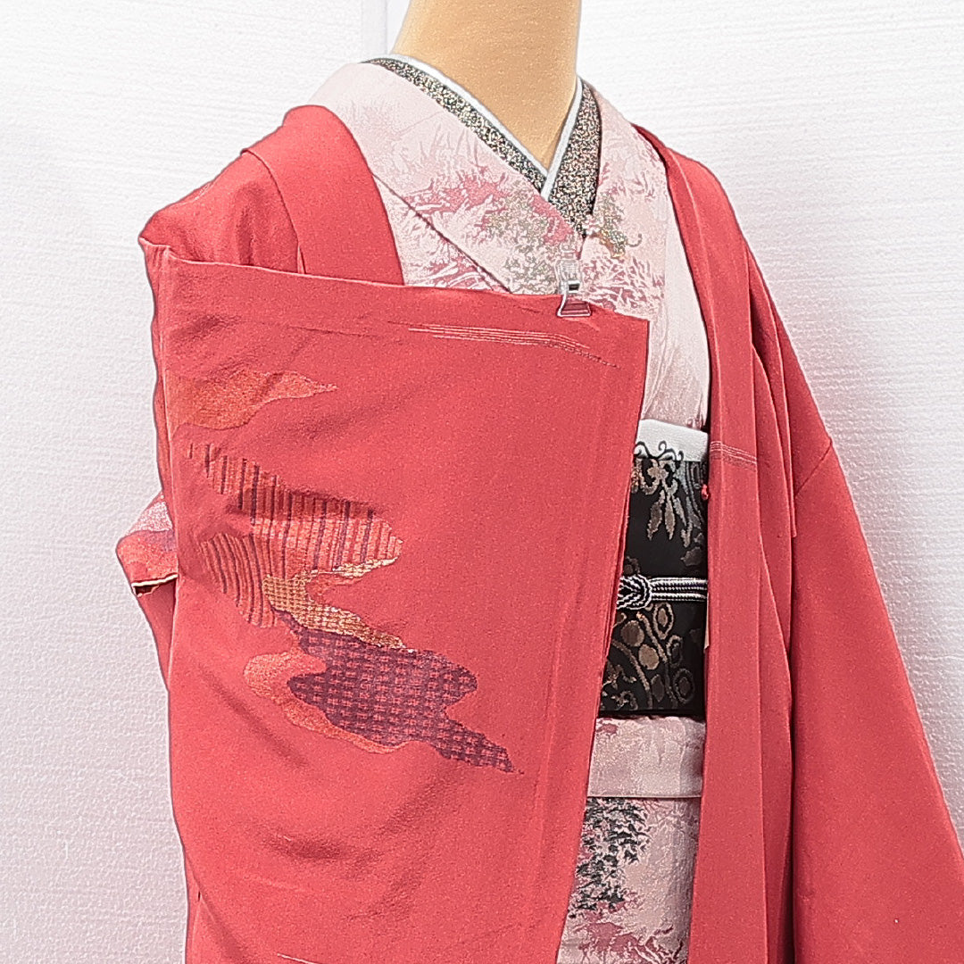 アンティーク 羽織(お召) 袷 身丈89cm 裄丈61cm 正絹 Aランク Sサイズ 一つ紋(五三桐) 道長取り 朱系 1217-15263