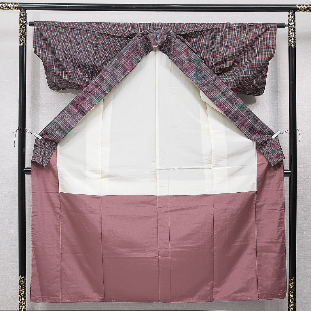 紬(大島紬) 袷 身丈157cm 裄丈62cm 正絹 Cランク Mサイズ 広衿 インフォーマル 格子 多色系 1216-15669