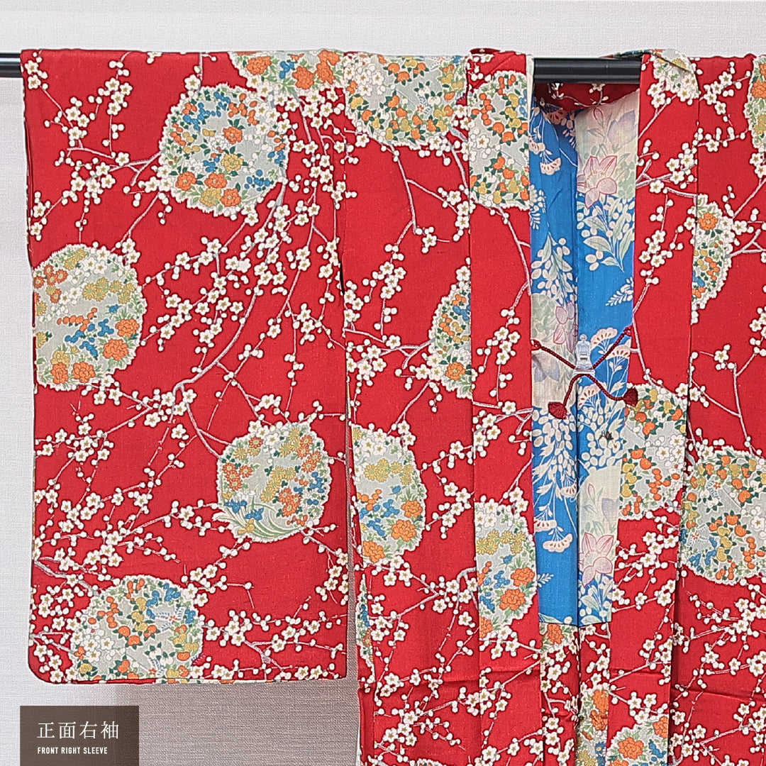 アンティーク 羽織 袷 身丈93cm 裄丈62cm 正絹 Aランク Sサイズ 紐あり 梅 赤系 M4 1232-16776