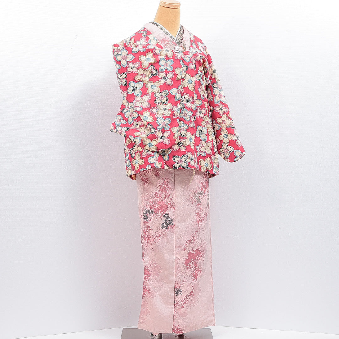 道行コート 袷 身丈73cm 裄丈62cm 正絹 Cランク カジュアル Sサイズ 花柄 ピンク系 HP 1237-16450