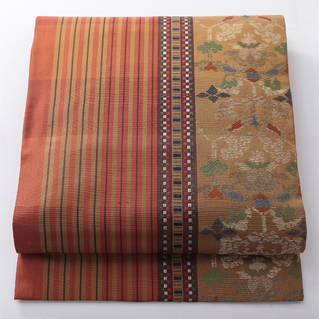 九寸名古屋帯 帯丈350cm インフォーマル 開き仕立て 六通 Aランク 正絹 花柄 縞 多色系 1224-03904