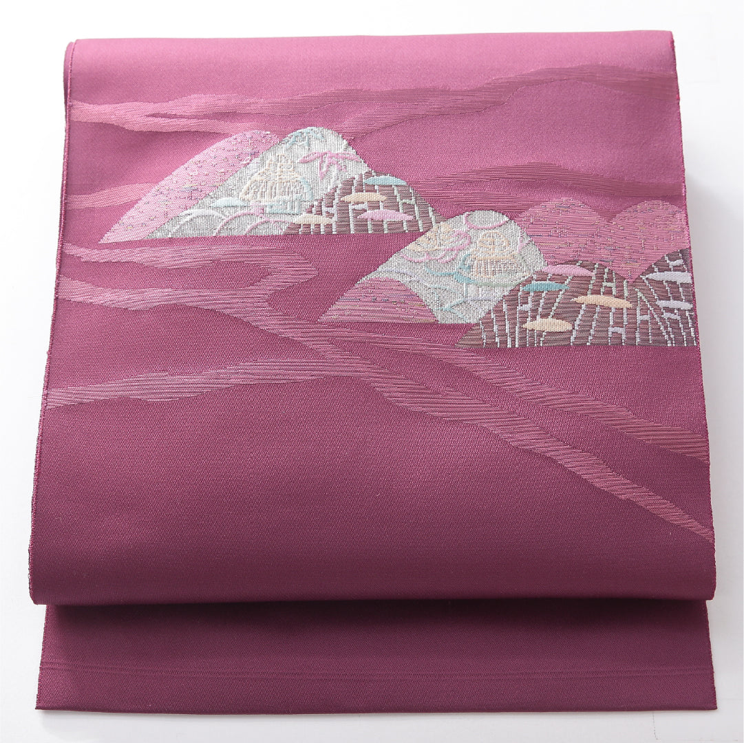 八寸名古屋帯 帯丈355cm カジュアル 松葉仕立て ポイント柄 Sランク 正絹 茶屋辻 紫系 赤系 1224-03829