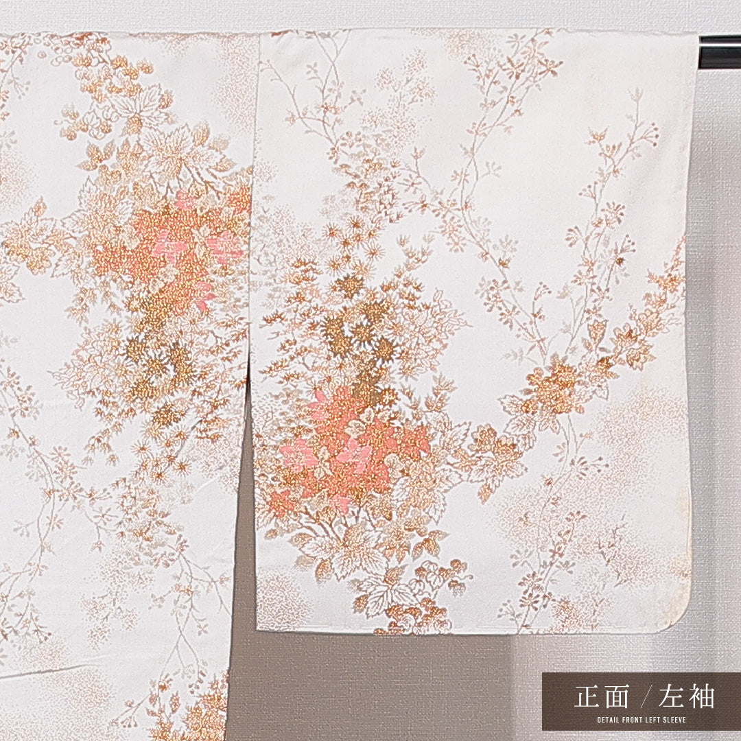 お召 袷 身丈152cm 裄丈63cm 正絹 Cランク Sサイズ 広衿 インフォーマル 牡丹 白系 金系 1265-15742