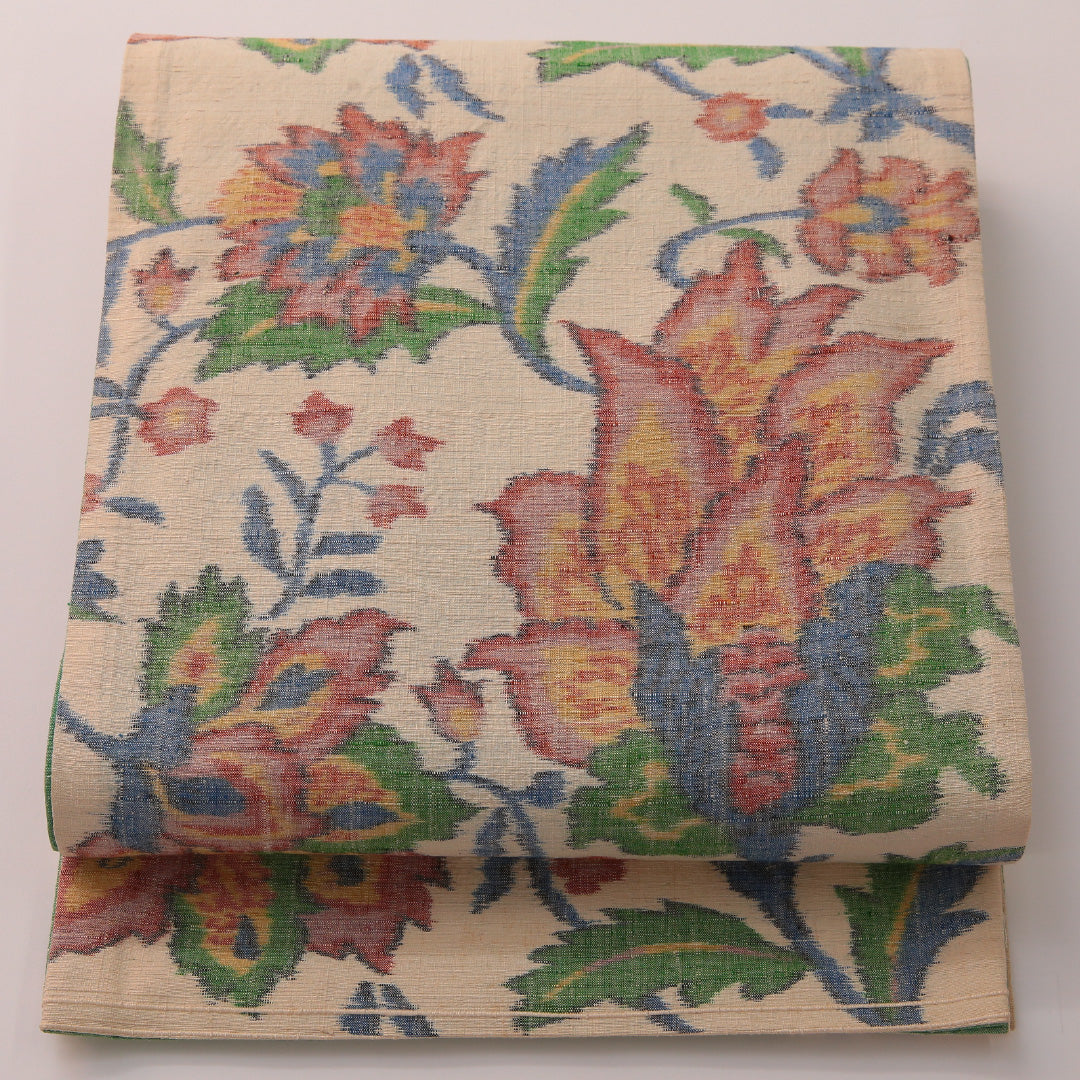 袋帯 帯丈428cm セミフォーマル 全通 Cランク 正絹 植物柄 クリーム系 1223-01882