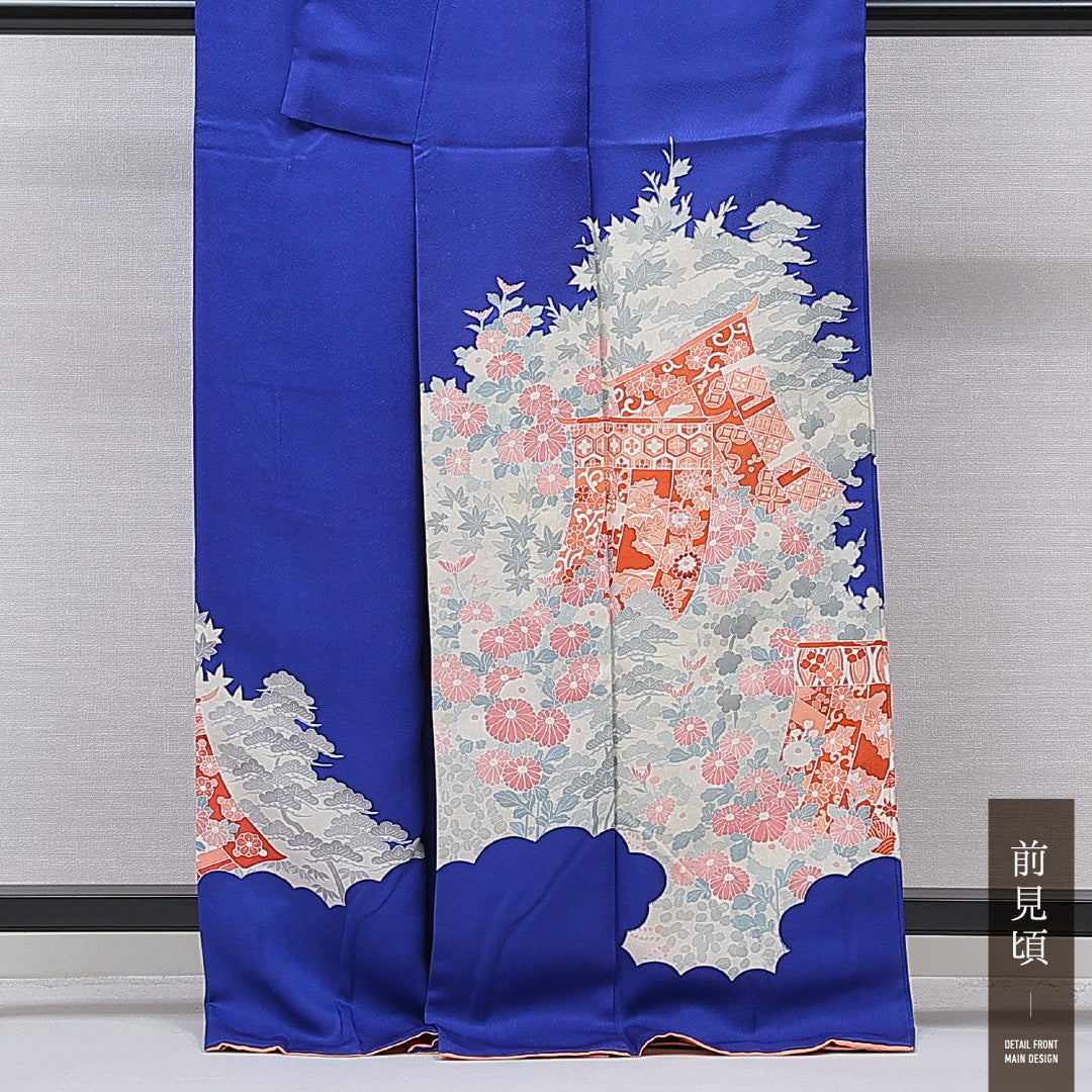 訪問着 袷 身丈166cm 裄丈66cm 正絹 Sランク XLサイズ 広衿 セミフォーマル 几帳 梅 松 青系 1212-15749