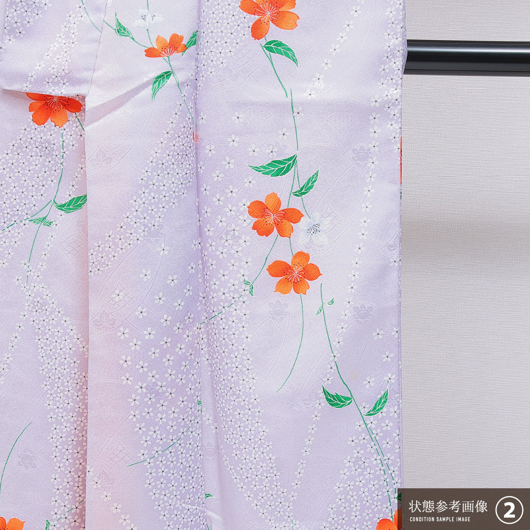 洗える着物 小紋 袷 身丈158cm 裄丈64cm ポリエステル Bランク インフォーマル 広衿 Mサイズ 花柄 紫系 HP 1221-16288