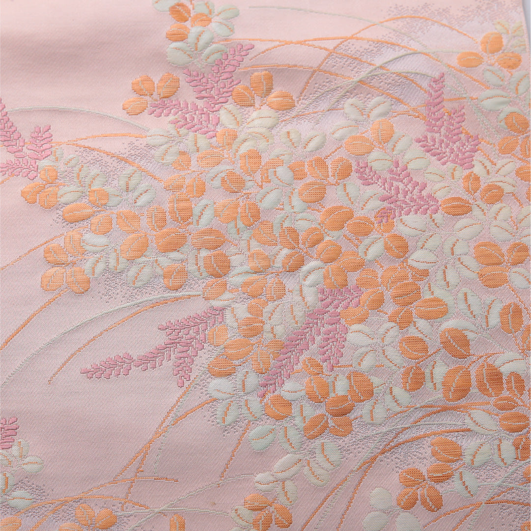 八寸名古屋帯 帯丈374cm カジュアル 開き仕立て 六通 Aランク 正絹 藤 ピンク系 紫系 1224-03492