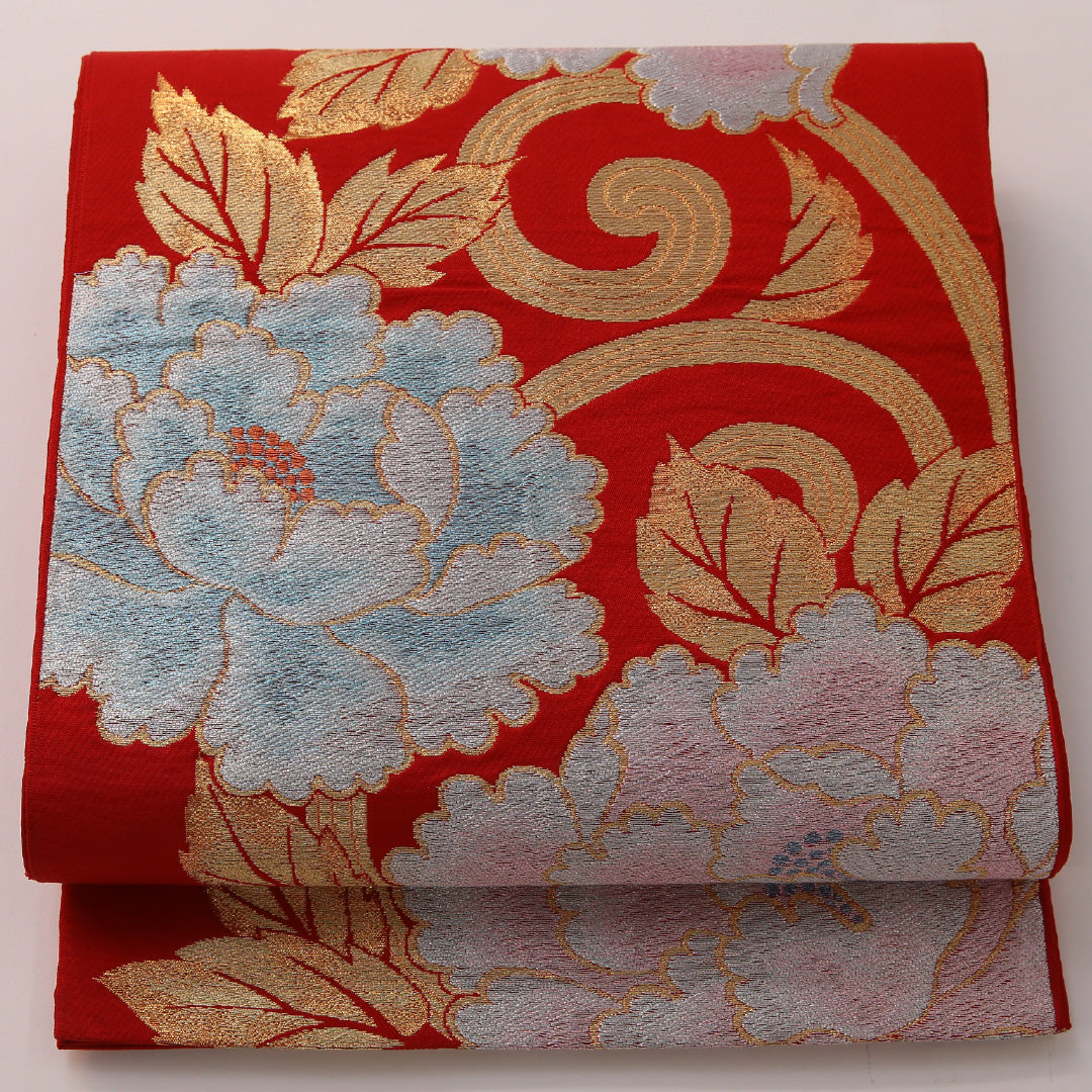 アンティーク 袋帯 帯丈424cm 六通 Aランク 正絹 唐草牡丹 赤系 金系 1223-01918