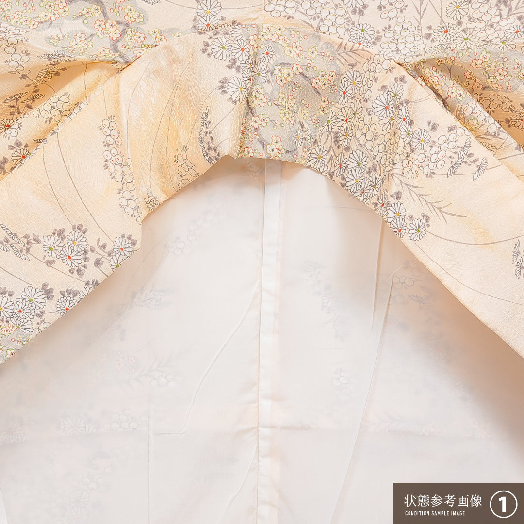 洗える着物 小紋 袷 身丈151cm 裄丈63cm ポリエステル Sランク 紋意匠 (芝草) インフォーマル 広衿 Sサイズ 菊 クリーム系 RP 1221-16026