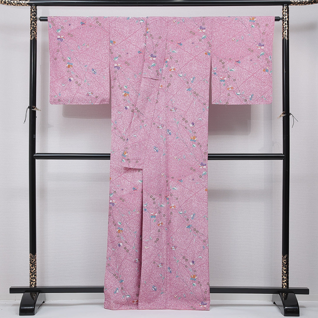 小紋 洗える着物 袷 身丈163cm 裄丈66cm ポリエステル Aランク Lサイズ 広衿 インフォーマル 桜 ピンク系 1215-15795