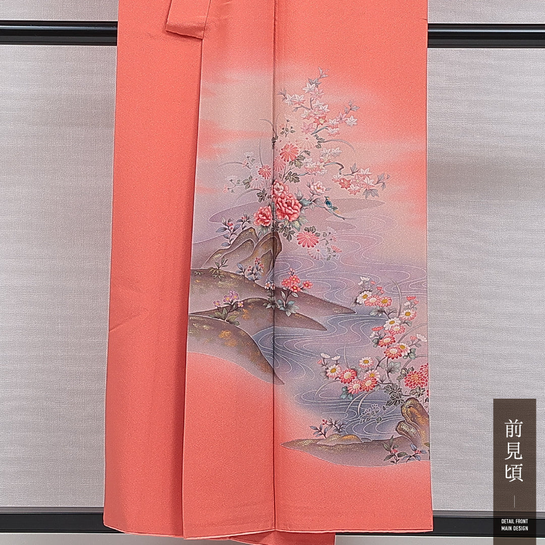 付下げ 袷 身丈153cm 裄丈62cm 正絹 Aランク インフォーマル バチ衿 Sサイズ 流水 牡丹 ピンク系 RP 1218-16029