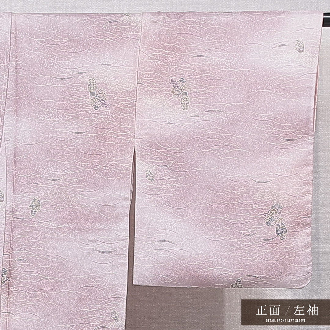 小紋 洗える着物 袷 身丈162cm 裄丈62cm ポリエステル Sランク Lサイズ 広衿 インフォーマル 花瓶 青海波 ピンク系 1215-15801