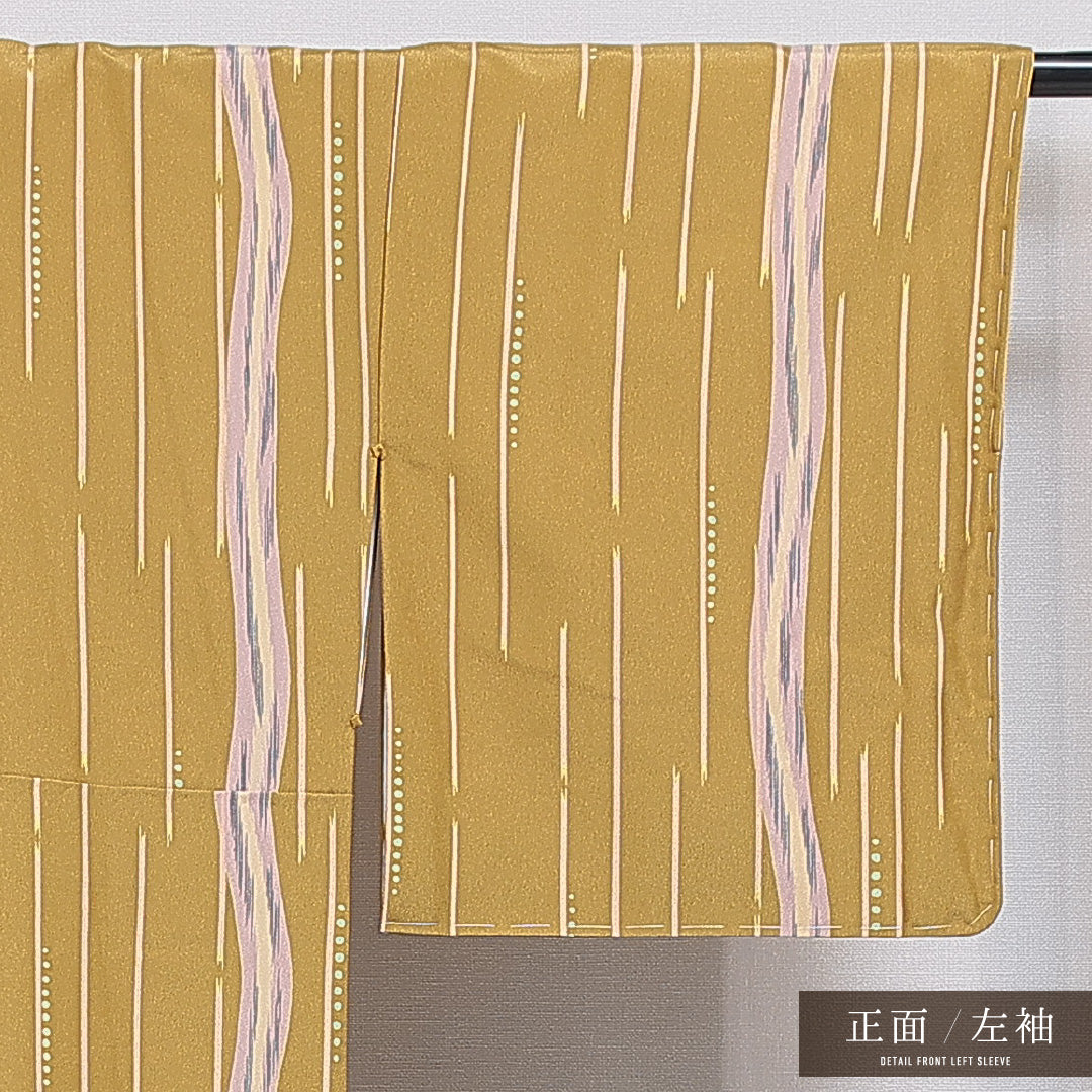 洗える着物 小紋 袷 身丈159cm 裄丈65cm ポリエステル Sランク インフォーマル バチ衿 Mサイズ 創作柄 黄系 RP 1221-16251