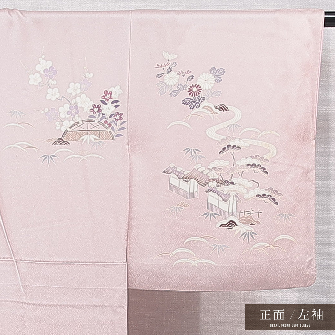 訪問着 袷 身丈161cm 裄丈61cm 正絹 Cランク セミフォーマル 広衿 Lサイズ 茶屋辻 古典的 華やか ピンク系 HP 1217-15502