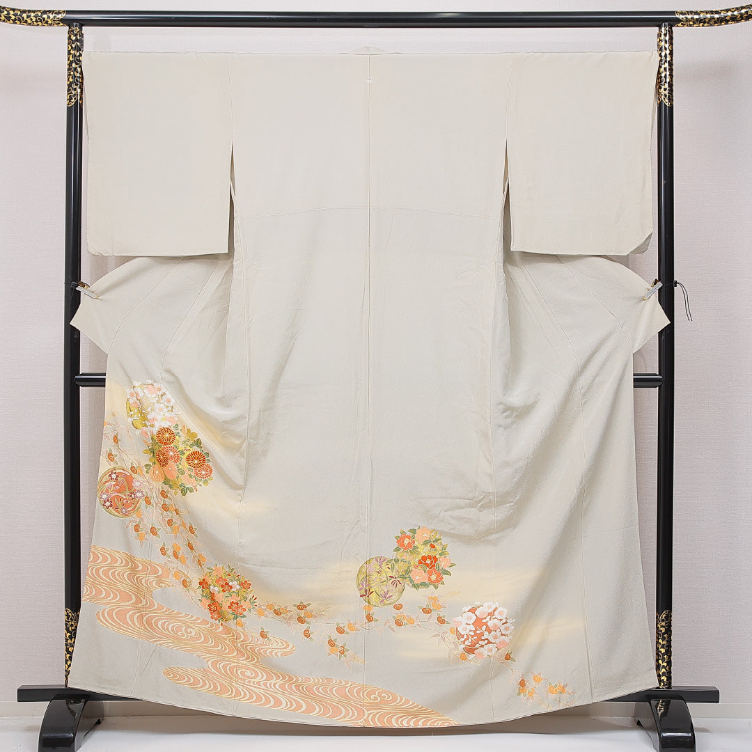 色留袖 袷 身丈162cm 裄丈67cm 一つ紋 セミフォーマル Sランク Lサイズ 正絹 広衿 菊 金駒刺繍 1211-F0653