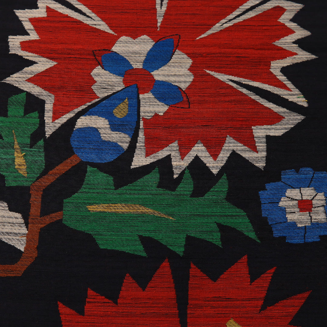 袋帯 帯丈424cm カジュアル 六通 帯芯なし Sランク 正絹 花柄 紺系 1223-01906