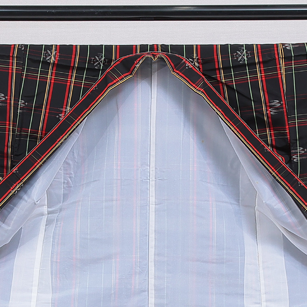 小紋 洗える着物 袷 身丈161cm 裄丈64cm ポリエステル Cランク Lサイズ バチ衿 インフォーマル 格子 黒系 1215-16370