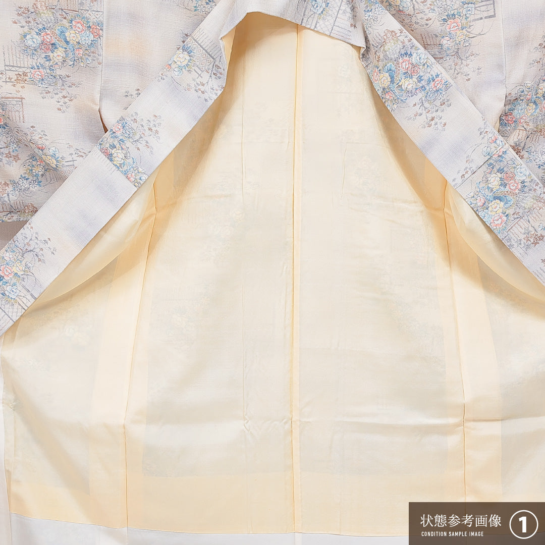 紬 袷 身丈164cm 裄丈66cm 正絹 Aランク Lサイズ 広衿 カジュアル 牡丹 クリーム系 1216-16662