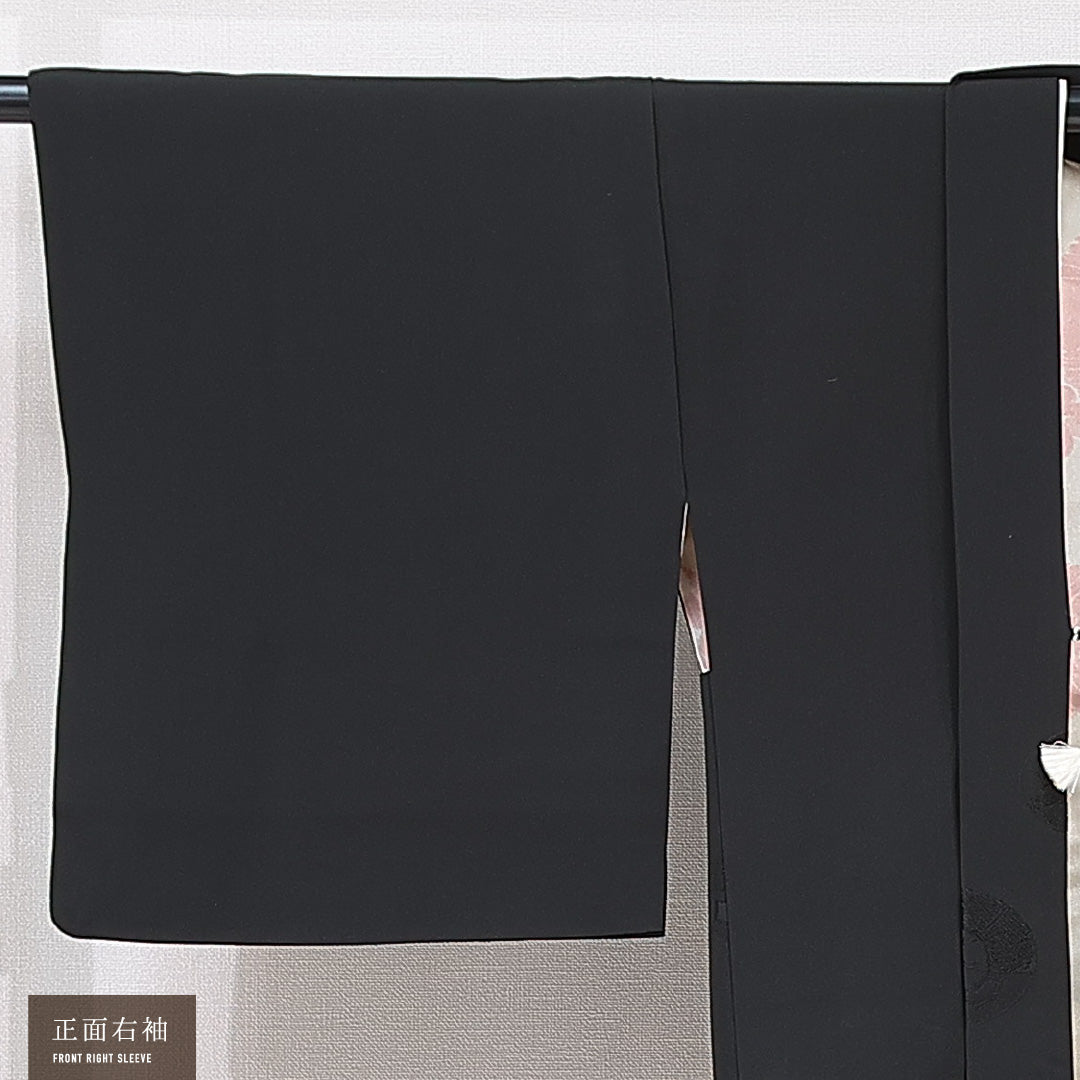 黒羽織 袷 身丈84cm 裄丈33cm 正絹 Aランク 一つ紋 (橘) セミフォーマル Sサイズ 紐あり 創作柄 黒系 RP 1233-15308