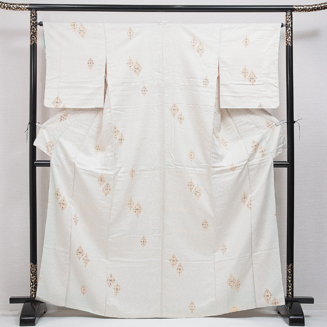 小紋 袷 身丈166cm 裄丈64cm 正絹 Cランク インフォーマル 広衿 XLサイズ 網代 創作柄 クリーム系 HP 1221-15928
