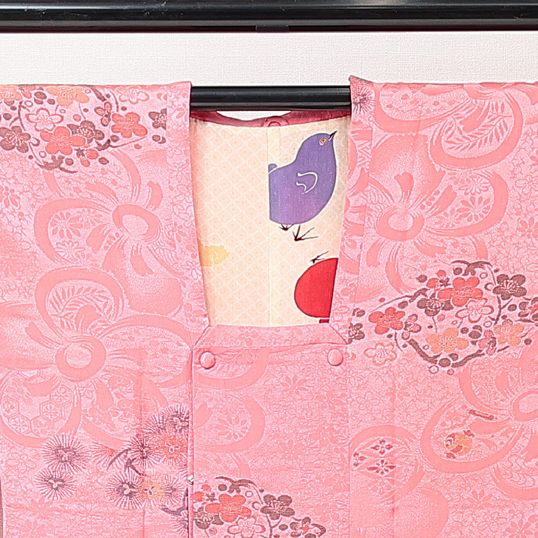 アンティーク 道行コート(お召) 袷 身丈98cm 裄丈65cm 正絹 Bランク Mサイズ ポケットあり 梅 ピンク系 1263-15276