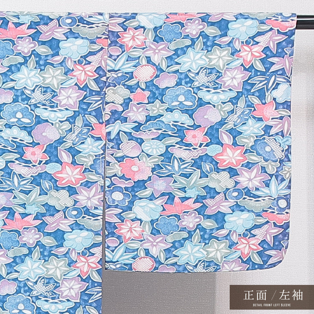 小紋 洗える着物 袷 身丈153cm 裄丈62cm ポリエステル Cランク Sサイズ バチ衿 インフォーマル 花柄 水色系 1215-15726