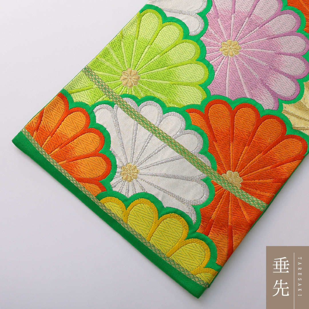 袋帯 帯丈424cm 正絹 六通 菊 緑系 1243-02046