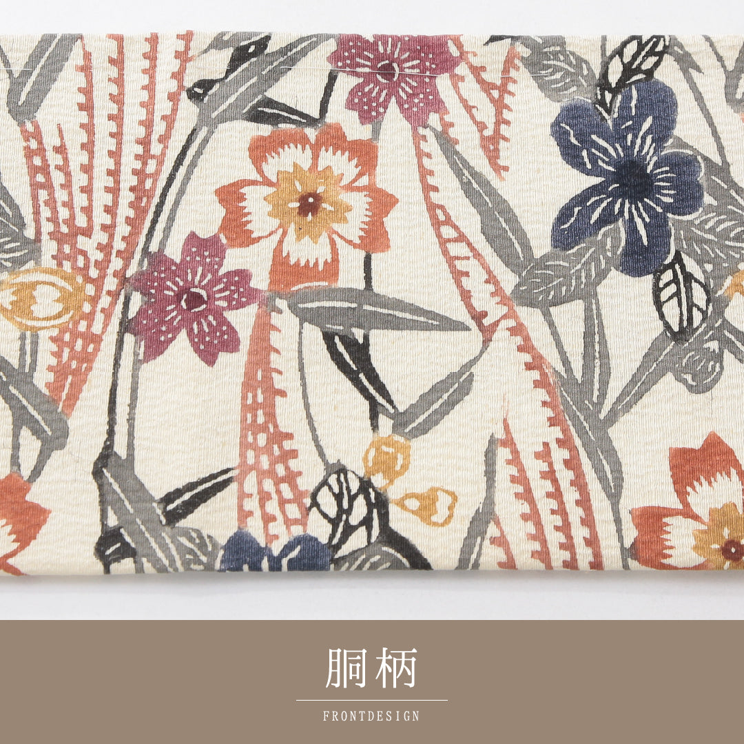 九寸名古屋帯 帯丈347cm インフォーマル 名古屋仕立て 六通 Cランク 正絹 染め帯 ちりめん 桜 クリーム系 紺系 1224-03986