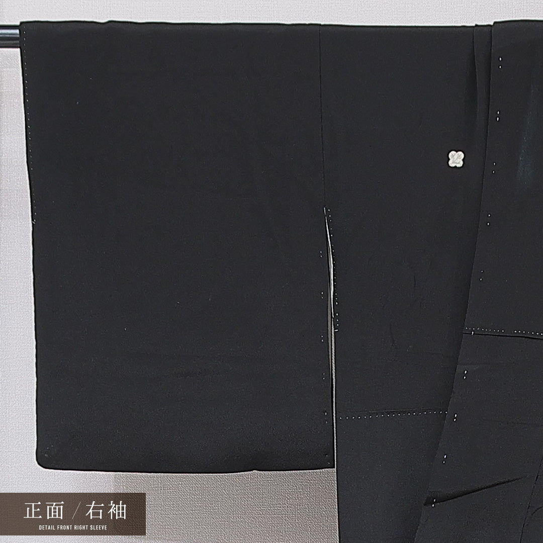 黒留袖 袷 身丈159cm 裄丈62cm 五つ紋 違い鷹の羽 フォーマル Aランク Mサイズ 正絹 比翼仕立て 広衿 鳥 扇 橘 刺繍 金駒刺繍 1211-F0691