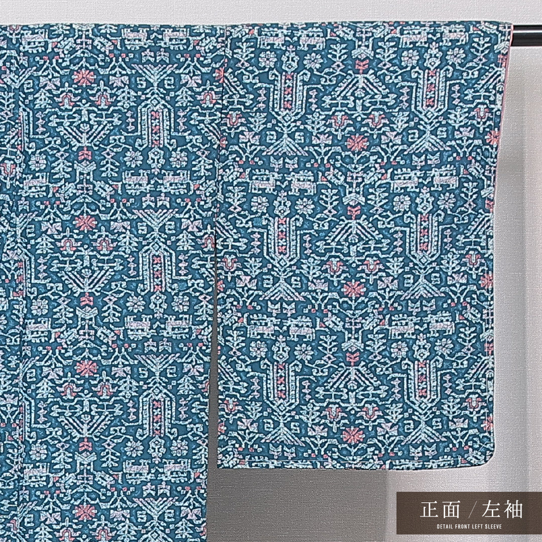 小紋 袷 身丈156cm 裄丈64cm 正絹 Sランク インフォーマル 広衿 Mサイズ 抽象柄 青系 RP 1221-15882