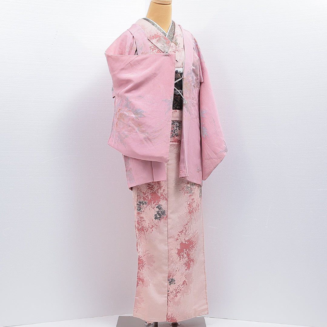 羽織 袷 身丈76cm 裄丈64cm 正絹 Cランク 一つ紋 (五三桐) セミフォーマル Mサイズ 紐あり 牡丹 ピンク系 LP 1232-16160