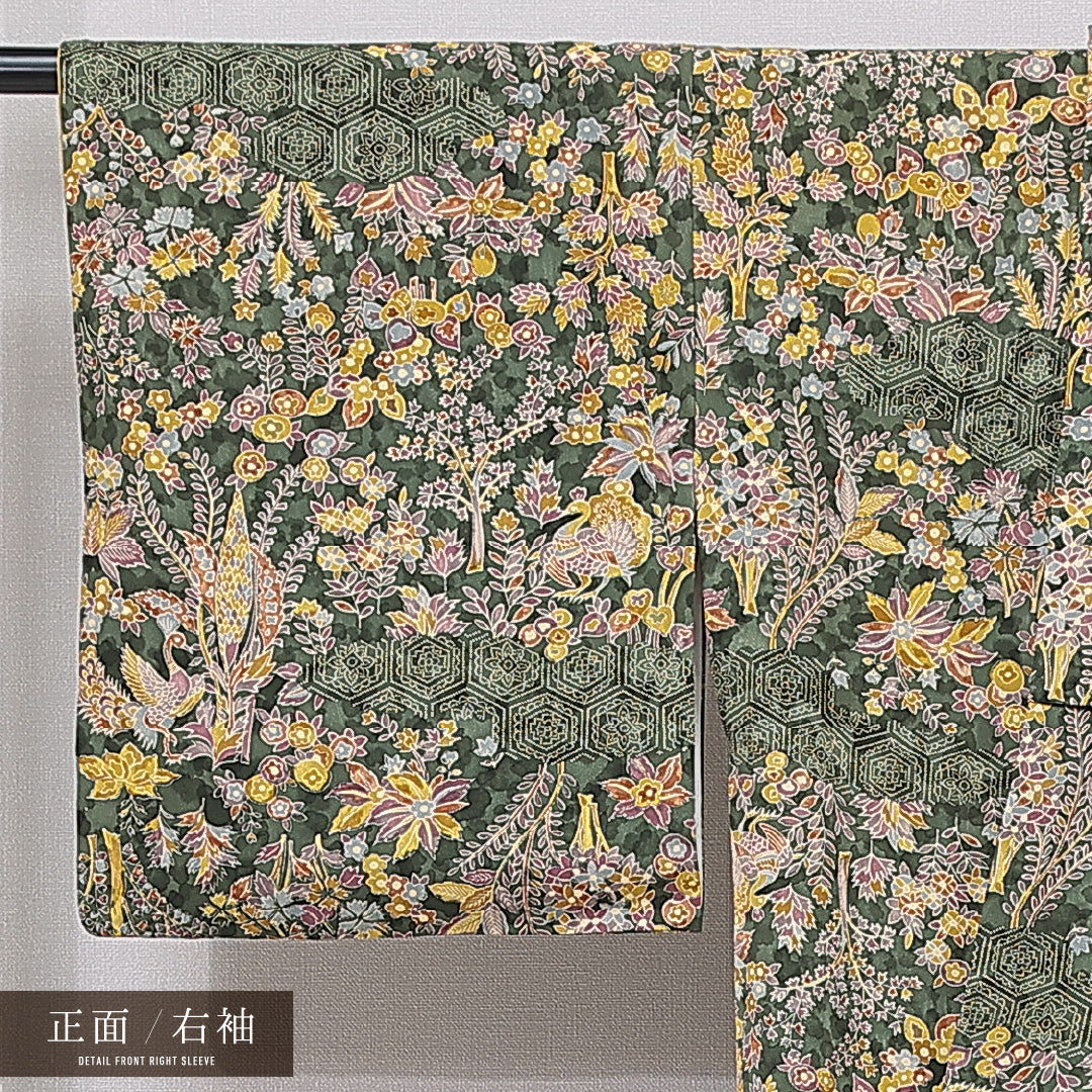 小紋 袷 身丈167cm 裄丈66cm 正絹 Sランク インフォーマル 広衿 XLサイズ 亀甲 花柄 緑系 M4 1221-15876