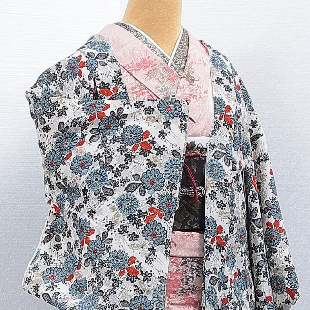 羽織 袷 身丈89cm 裄丈63cm 正絹 Bランク Sサイズ カジュアル 紐あり 菊 白系 多色系 1217-16157