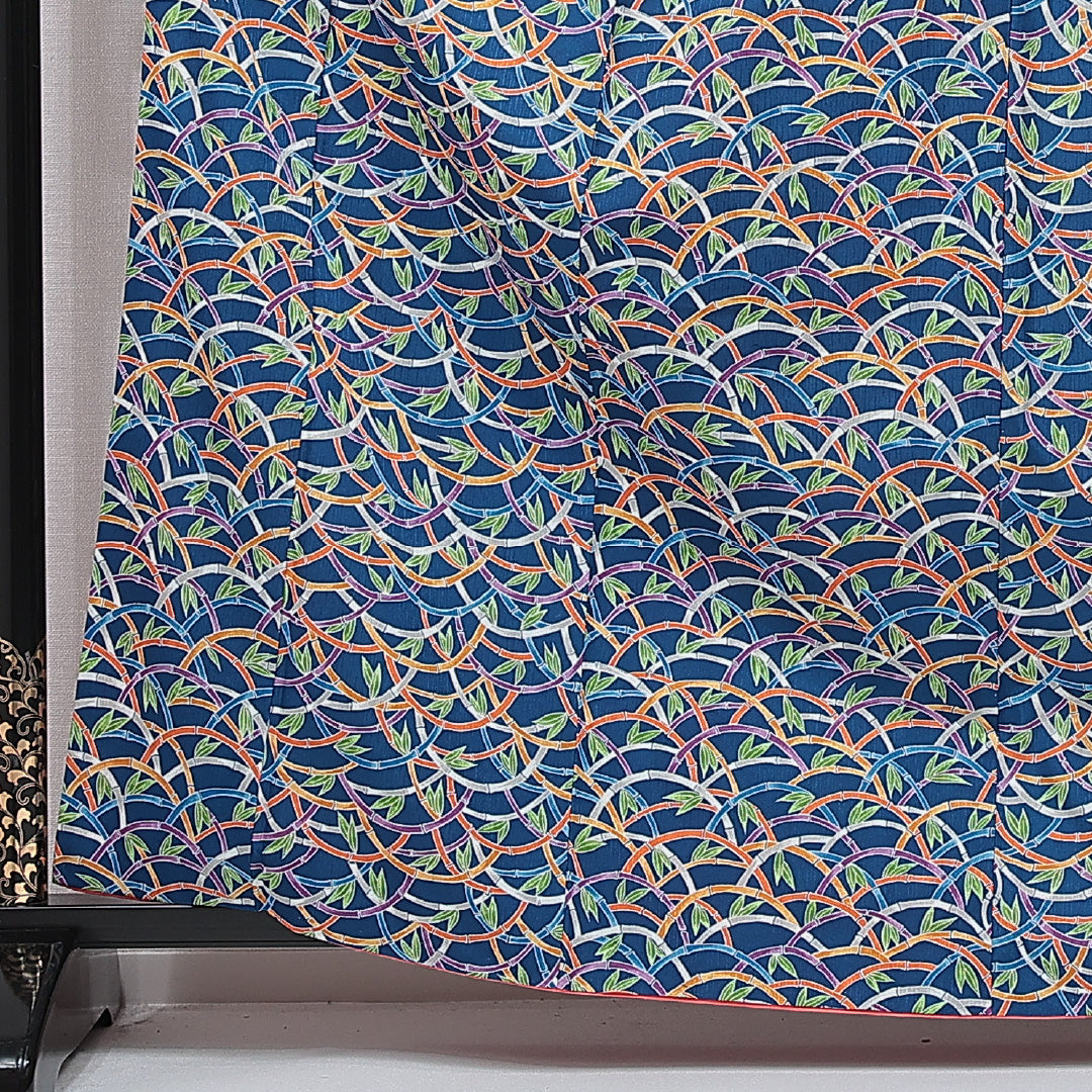 小紋 洗える着物 袷 身丈163cm 裄丈64cm ポリエステル Sランク Lサイズ 広衿 インフォーマル 竹 笹 青系 1215-15793