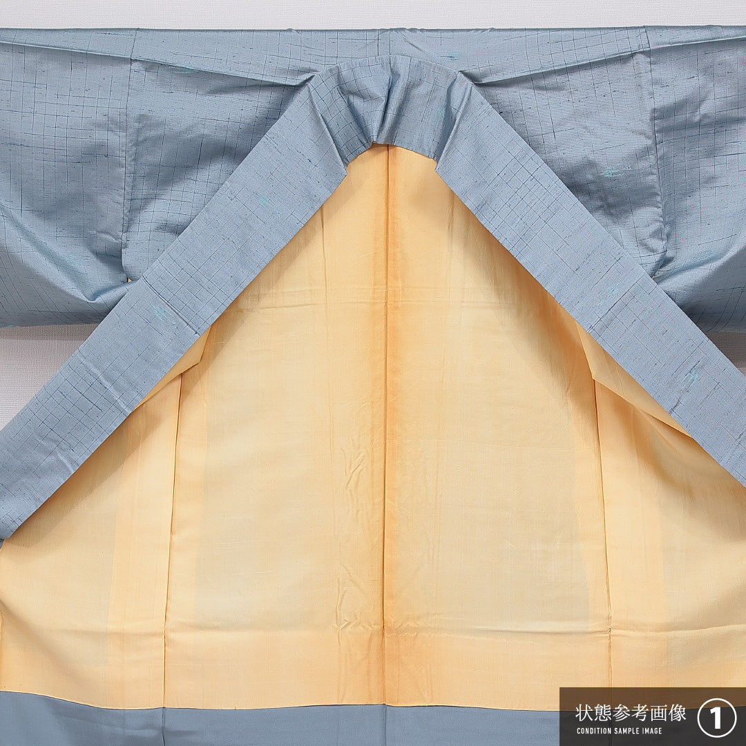 紬 袷 身丈160cm 裄丈64cm 正絹 Aランク Lサイズ 広衿 カジュアル 抽象柄 水色系 1216-16660