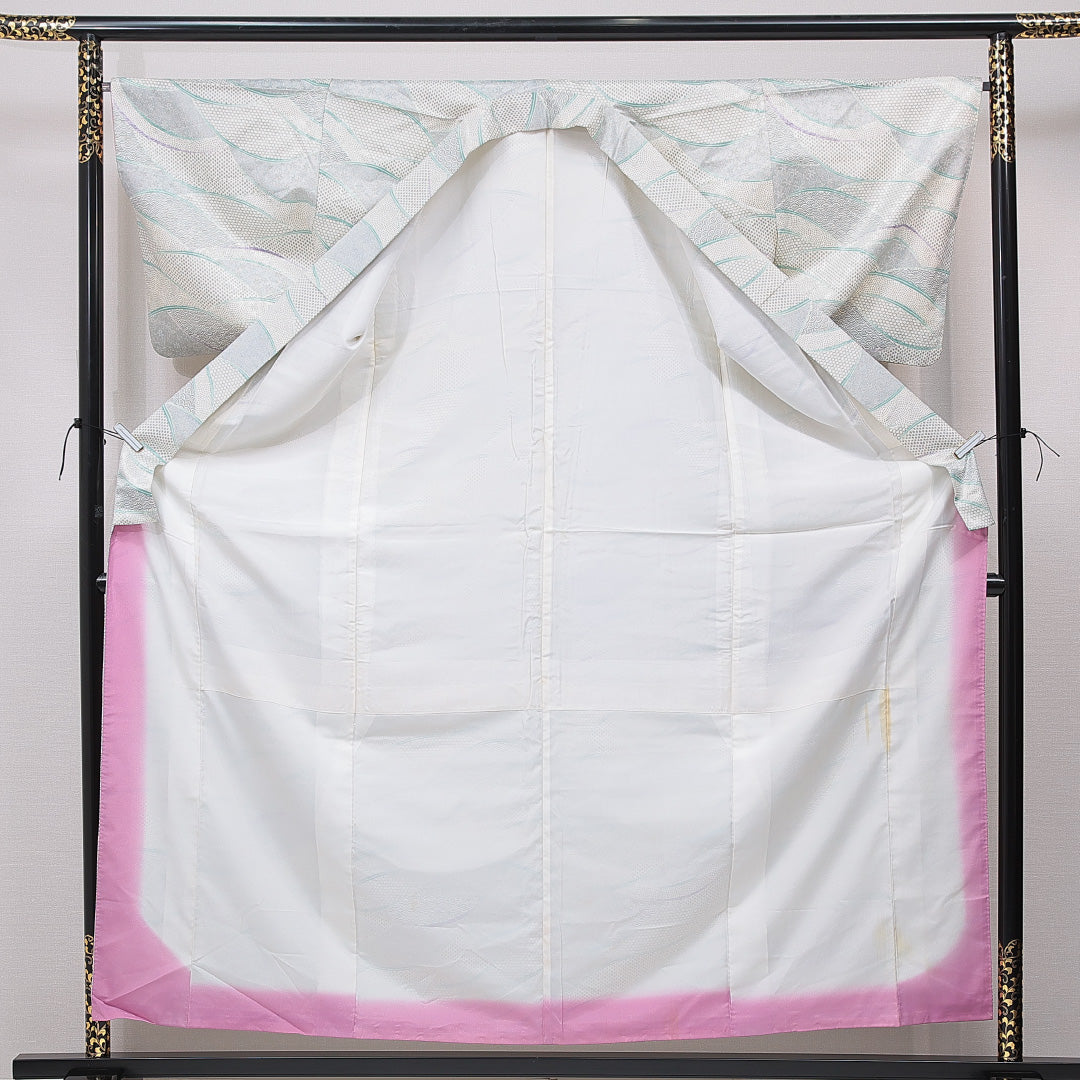 小紋 洗える着物 袷 身丈158cm 裄丈66cm ポリエステル Cランク Mサイズ バチ衿 インフォーマル 吉祥文様 グレー系 1215-15785