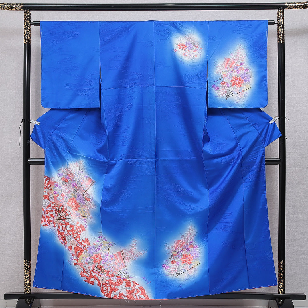 訪問着 洗える着物 袷 身丈159cm 裄丈62cm ポリエステル Sランク Mサイズ 広衿 セミフォーマル 紋意匠 流水 古典柄 ぼかし染 青系 1212-16083